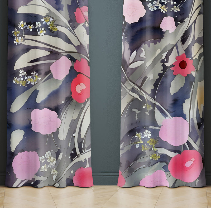 Floral Window Curtain - Abstract Pink and Gray Flowers - Deja Blue Studios