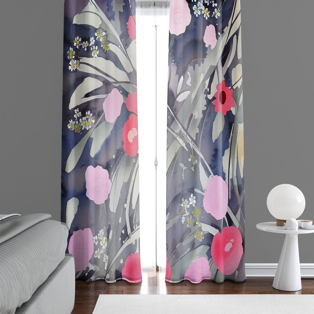 Floral Window Curtain - Abstract Pink and Gray Flowers - Deja Blue Studios