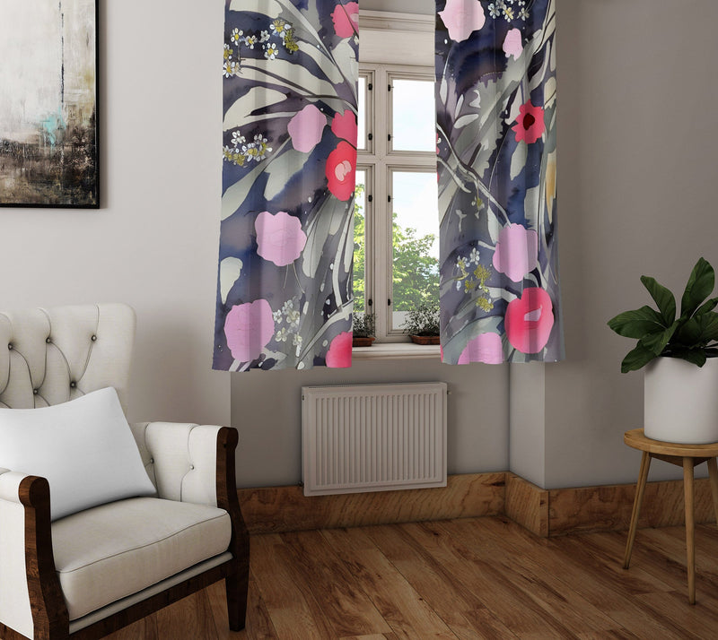 Floral Window Curtain - Abstract Pink and Gray Flowers - Deja Blue Studios