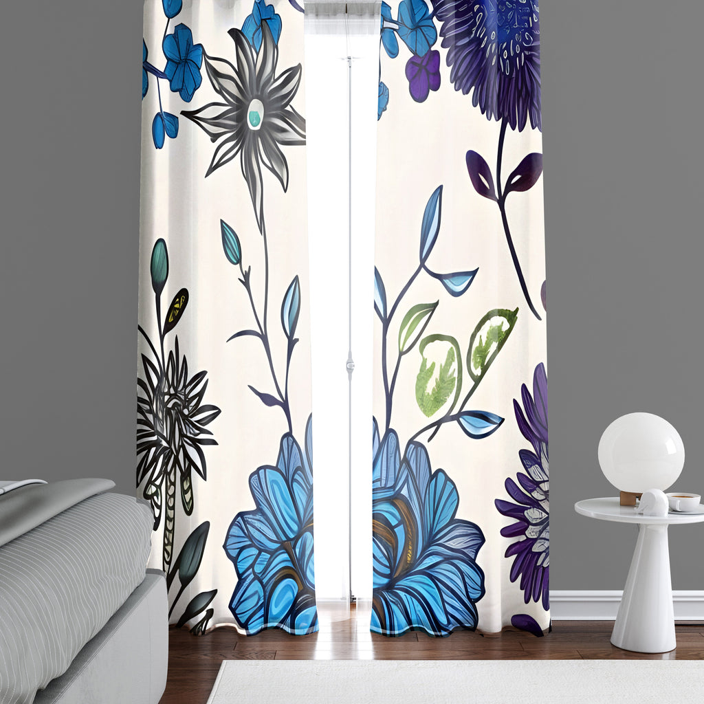 Floral Window Curtain - Purple and Blue Abstract Flowers - Deja Blue Studios