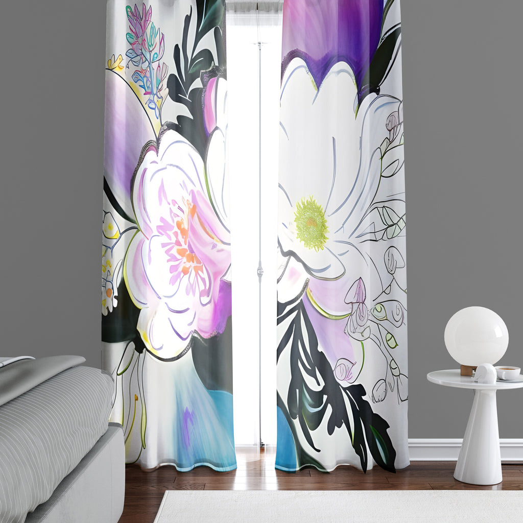 Floral Window Curtain - Purple and White Dahlia - Deja Blue Studios
