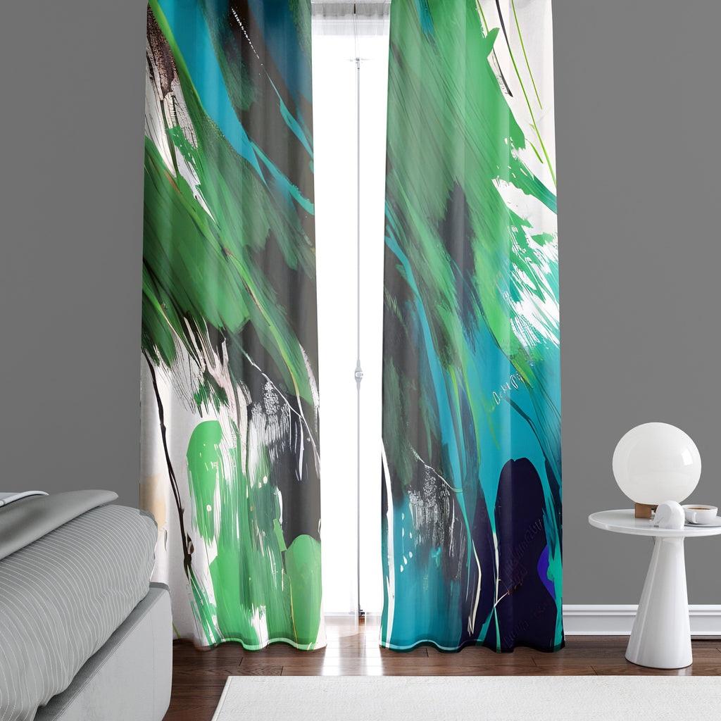 Abstract Window Curtain - Blue and Green Splatters - Deja Blue Studios