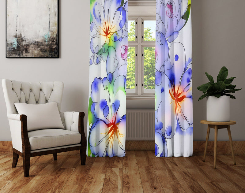 Floral Window Curtain - Purple Watercolor Florals - Deja Blue Studios