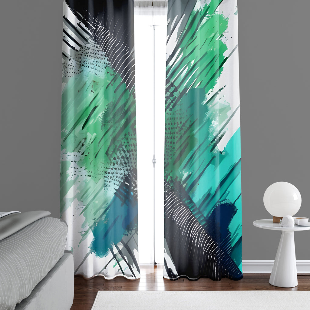 Abstract Window Curtain - Green, Blue, and Black Paint Swipes - Deja Blue Studios