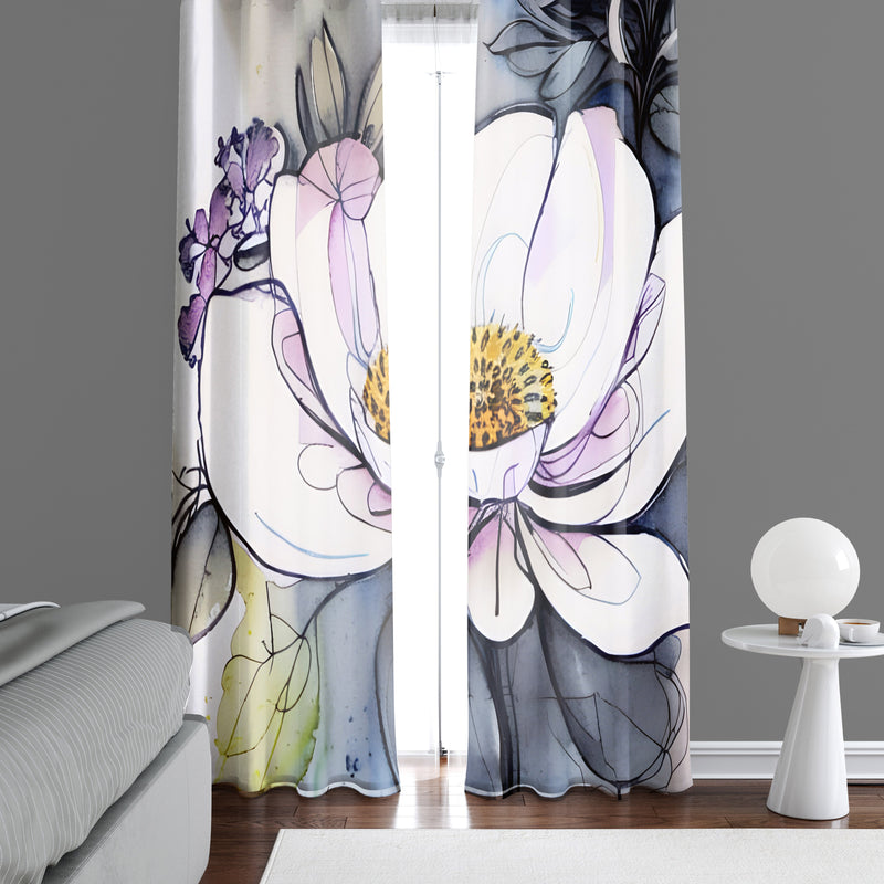 Floral Window Curtain - Gray and Purple Peony - Deja Blue Studios