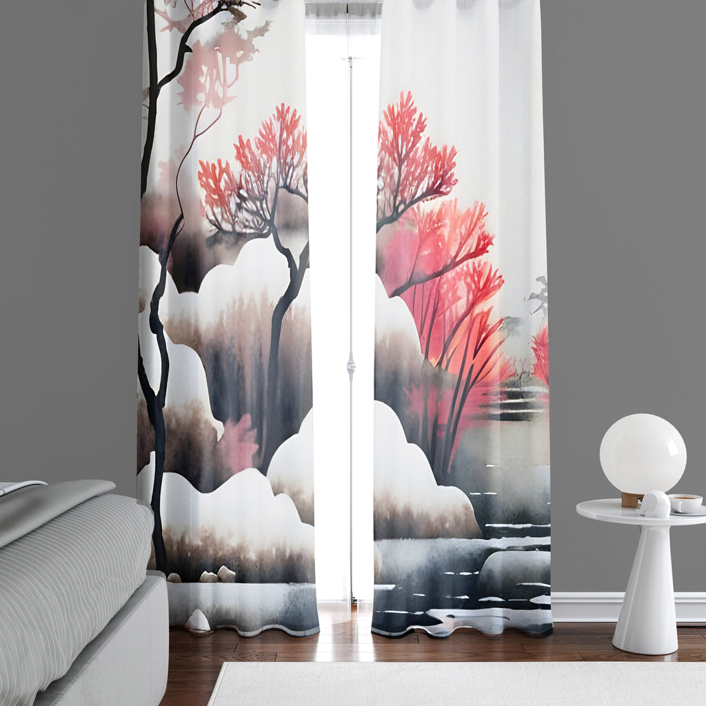 Abstract Window Curtain - Red and Gray Bonsai Clouds - Deja Blue Studios