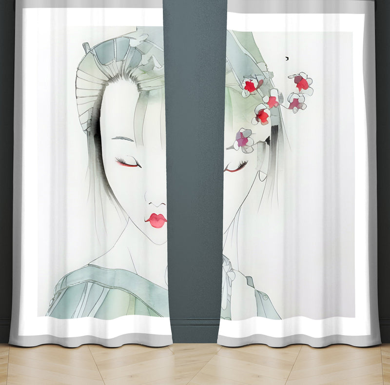 Abstract Window Curtain - Watercolor Geisha Portrait - Deja Blue Studios
