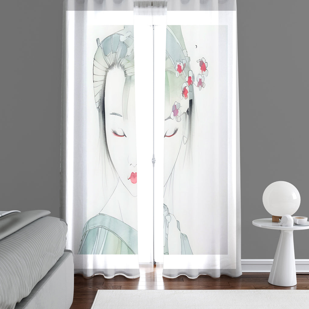 Abstract Window Curtain - Watercolor Geisha Portrait - Deja Blue Studios