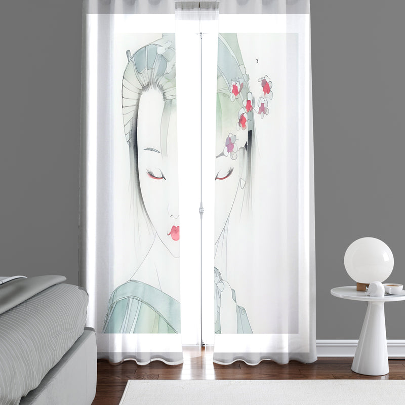 Abstract Window Curtain - Watercolor Geisha Portrait - Deja Blue Studios