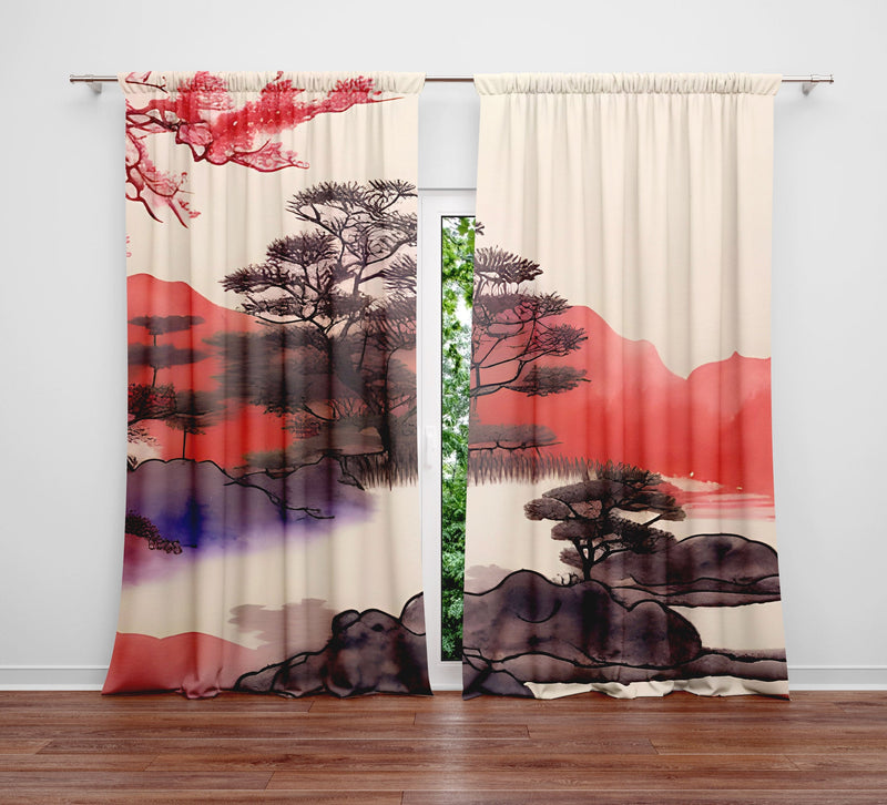 Abstract Window Curtain - Sunset Bonsai Landscape - Deja Blue Studios