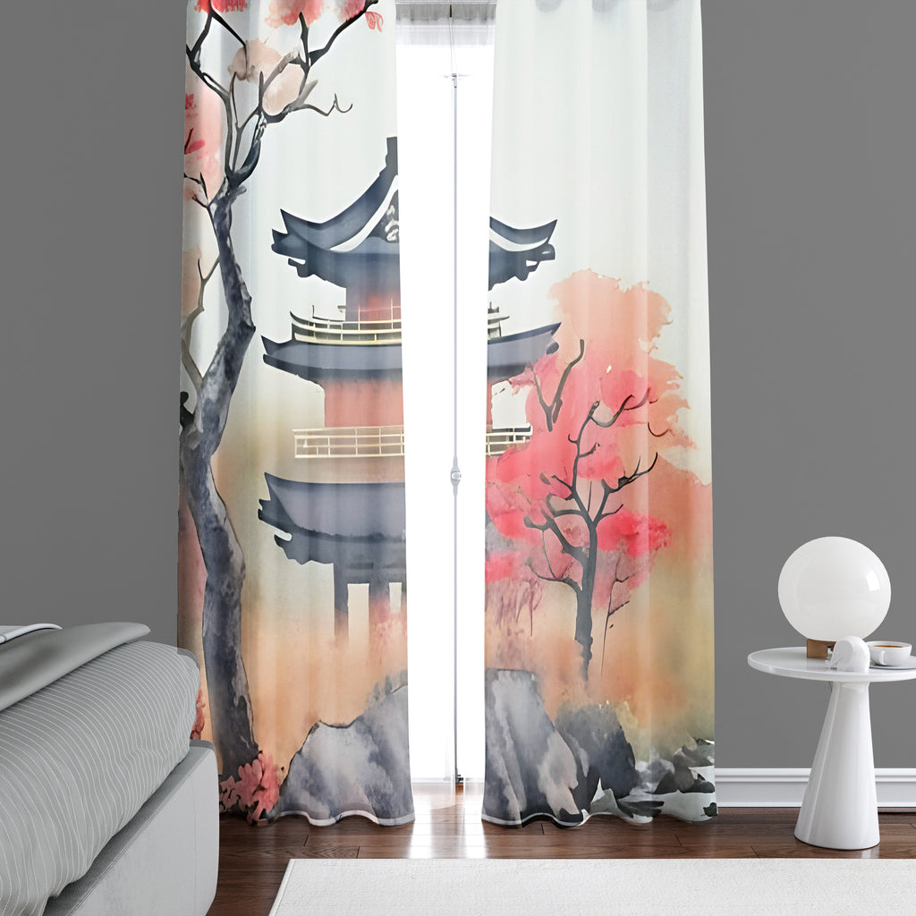 Abstract Window Curtain - Fall Japanese Watercolor - Deja Blue Studios