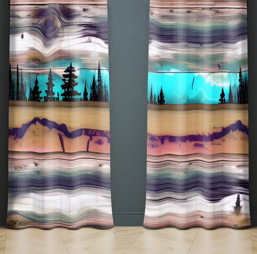 Log Cabin Window Curtain - Striped Gray Boards and Blue Forest - Deja Blue Studios