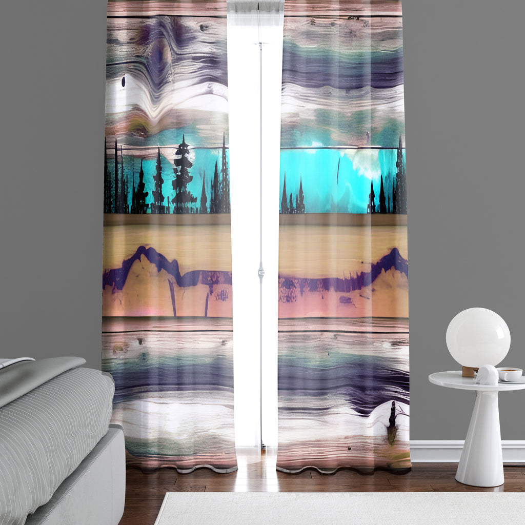 Log Cabin Window Curtain - Striped Gray Boards and Blue Forest - Deja Blue Studios