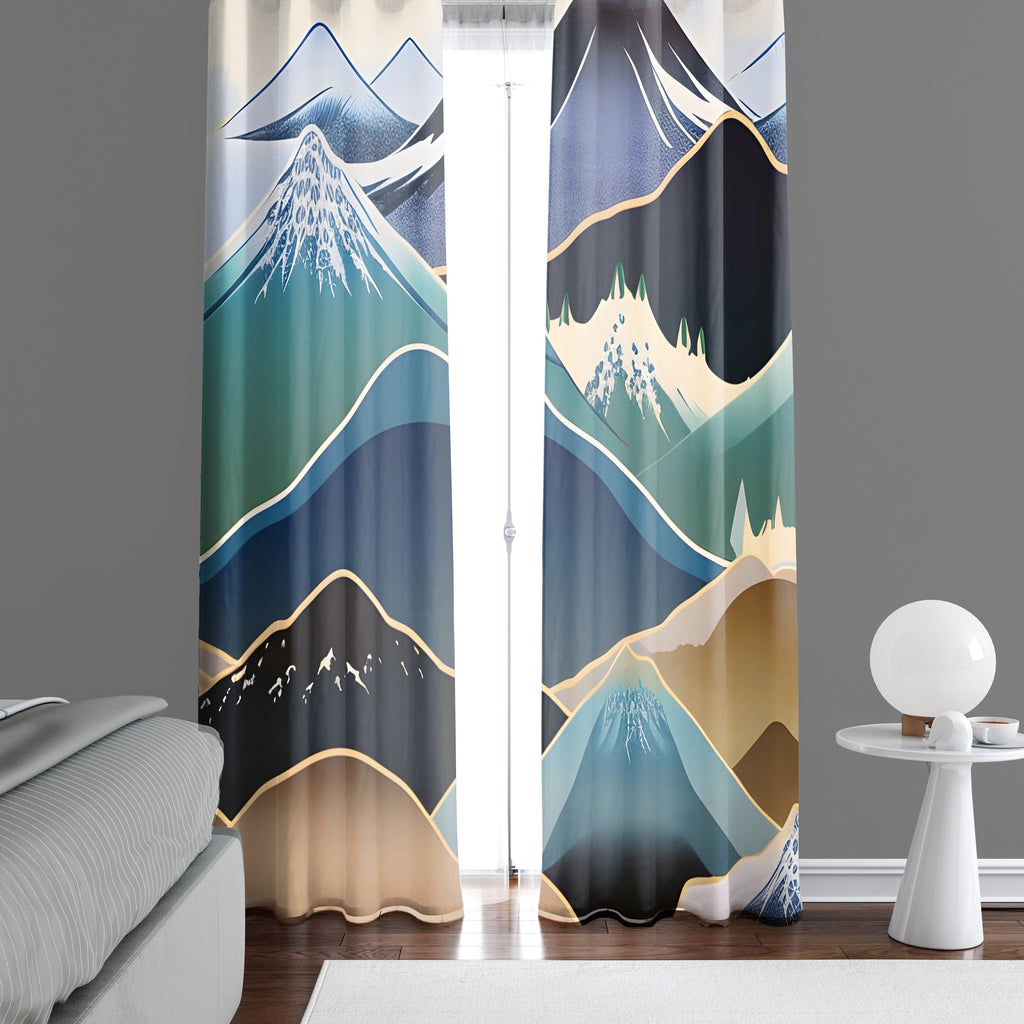 Abstract Window Curtain - Blue and Gray Winter Mountains - Deja Blue Studios