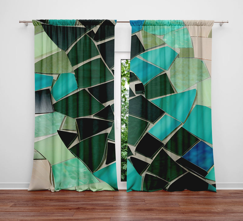 Abstract Window Curtain - Green Broken Mosaic Tiles - Deja Blue Studios