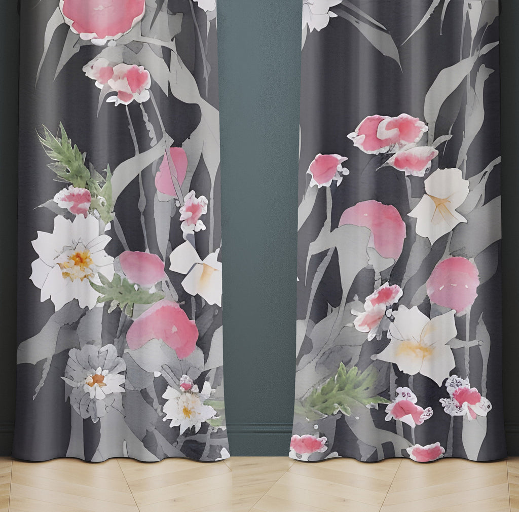 Floral Window Curtain - Pink and Gray Watercolor Bouquet - Deja Blue Studios