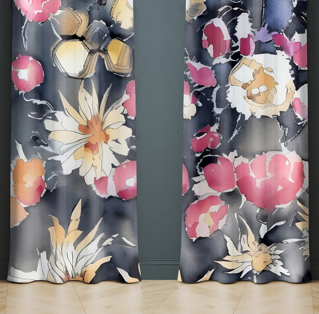 Floral Window Curtain - Pink and Orange Watercolor Bouquet - Deja Blue Studios