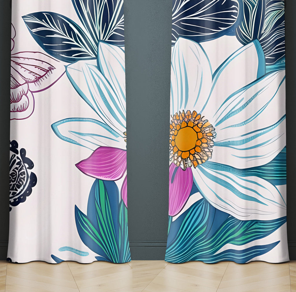 Floral Window Curtain - Blue and Pink Daisies - Deja Blue Studios
