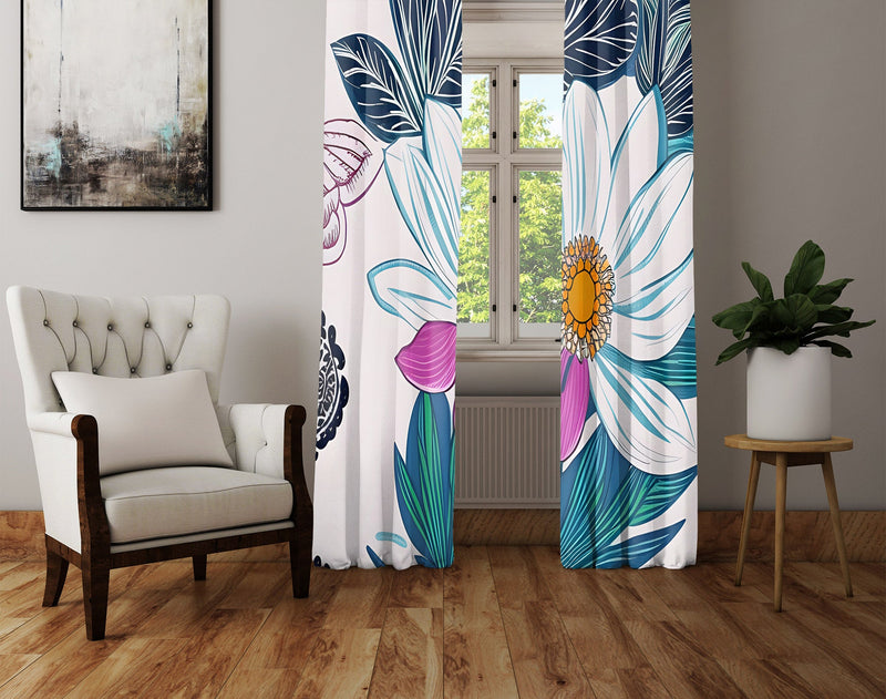Floral Window Curtain - Blue and Pink Daisies - Deja Blue Studios