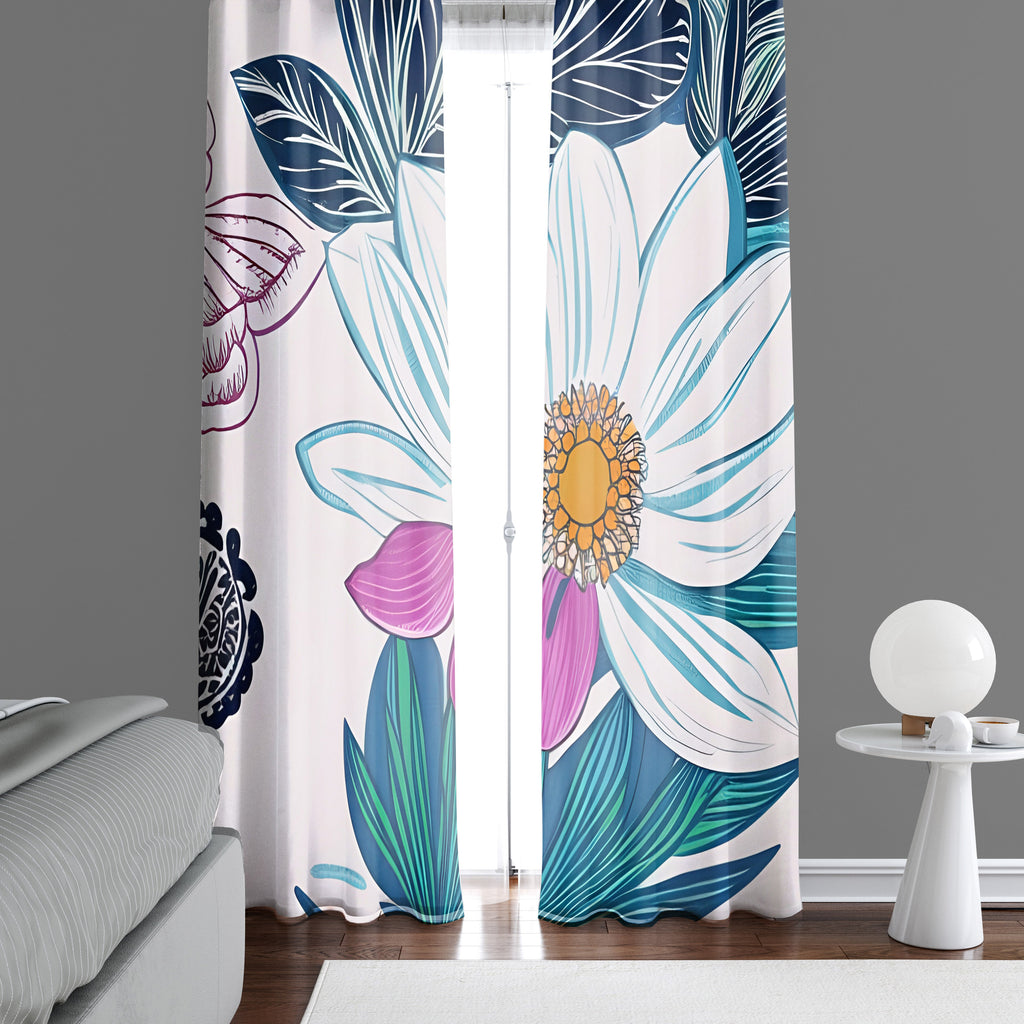 Floral Window Curtain - Blue and Pink Daisies - Deja Blue Studios
