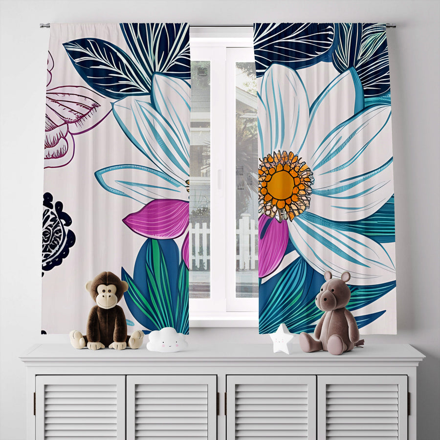 Floral Window Curtain - Blue and Pink Daisies - Deja Blue Studios