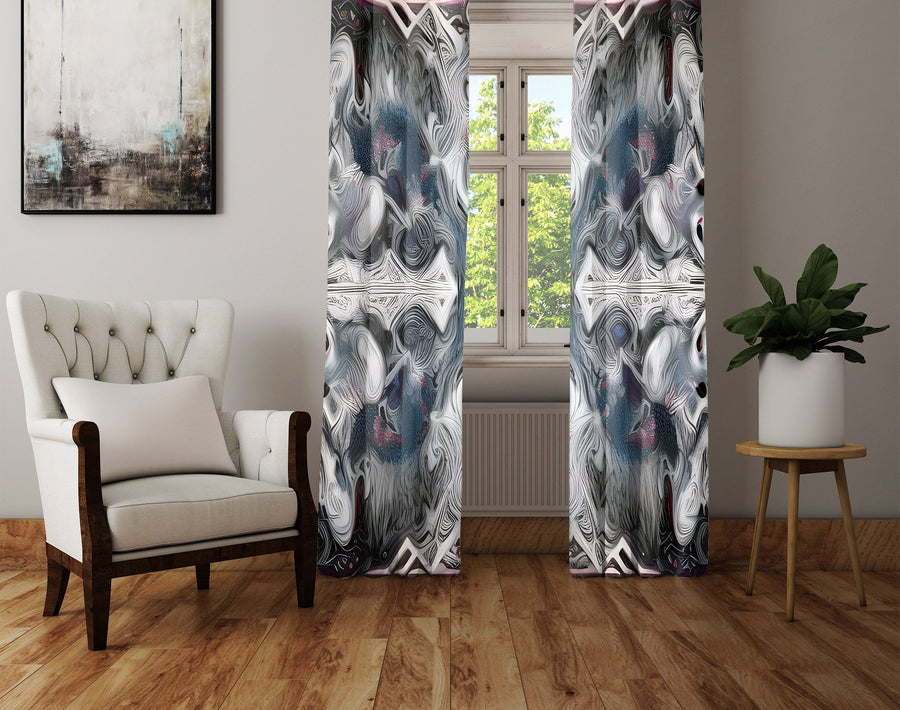 Abstract Window Curtain - Blue and Gray Whirlpools - Deja Blue Studios