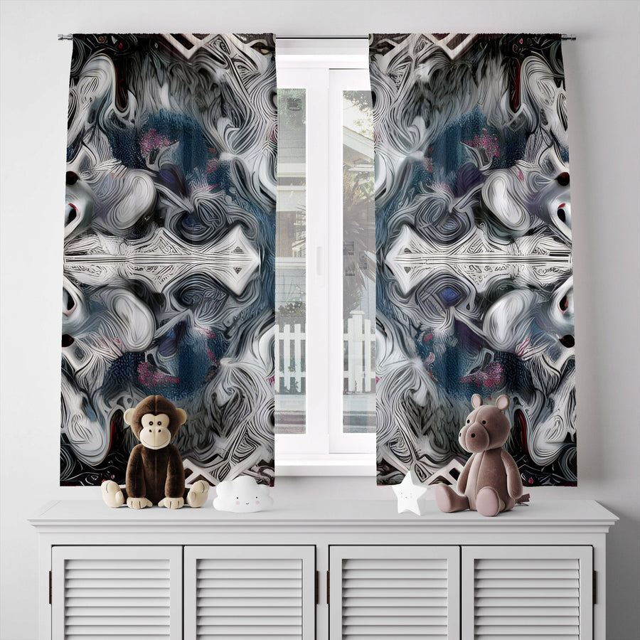 Abstract Window Curtain - Blue and Gray Whirlpools - Deja Blue Studios