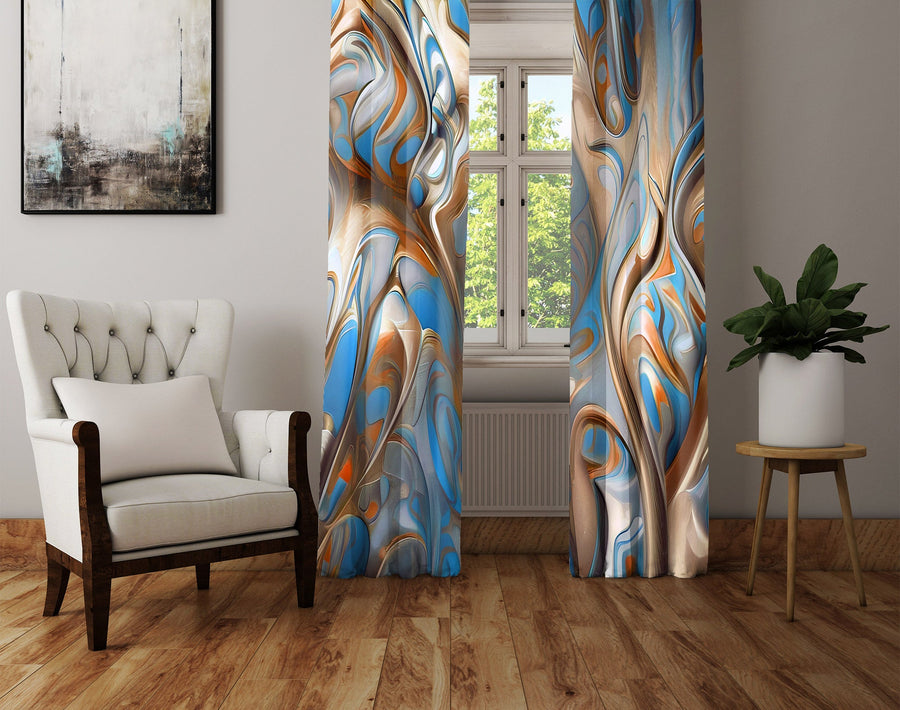 Abstract Window Curtain - Blue and Brown Faux Alcohol Ink - Deja Blue Studios