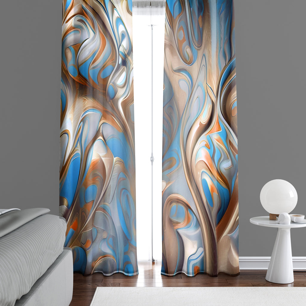 Abstract Window Curtain - Blue and Brown Faux Alcohol Ink - Deja Blue Studios