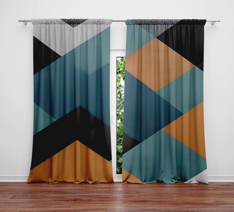 Chevron Window Curtain - Blue, Yellow, and Black Blocky Chevron - Deja Blue Studios