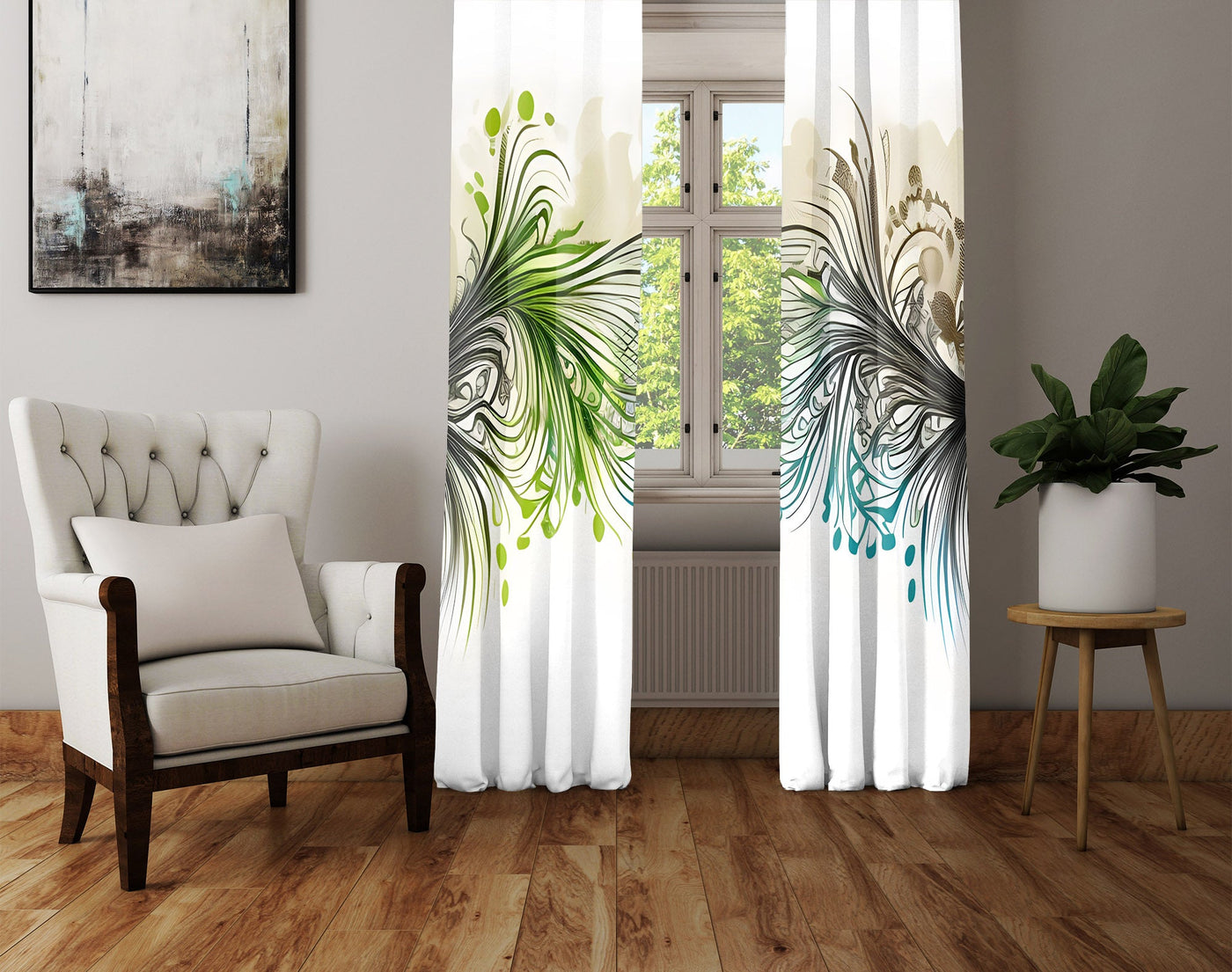 Abstract Window Curtain - Blue and Green Watercolor Peacock Feathers - Deja Blue Studios