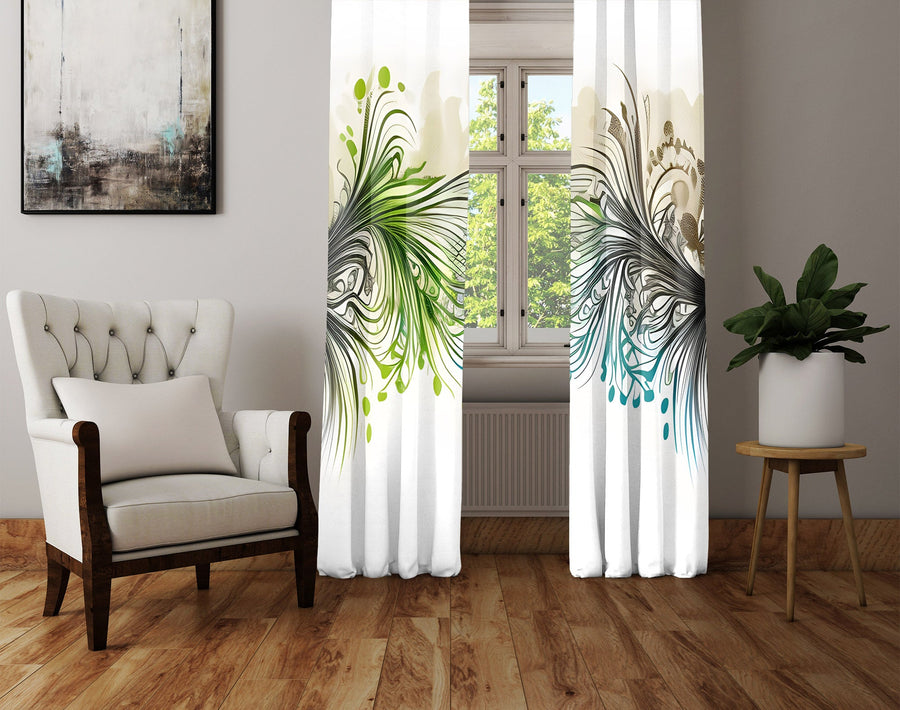 Abstract Window Curtain - Blue and Green Watercolor Peacock Feathers - Deja Blue Studios