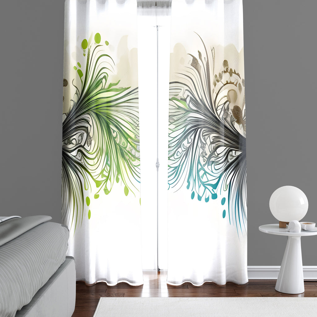 Abstract Window Curtain - Blue and Green Watercolor Peacock Feathers - Deja Blue Studios