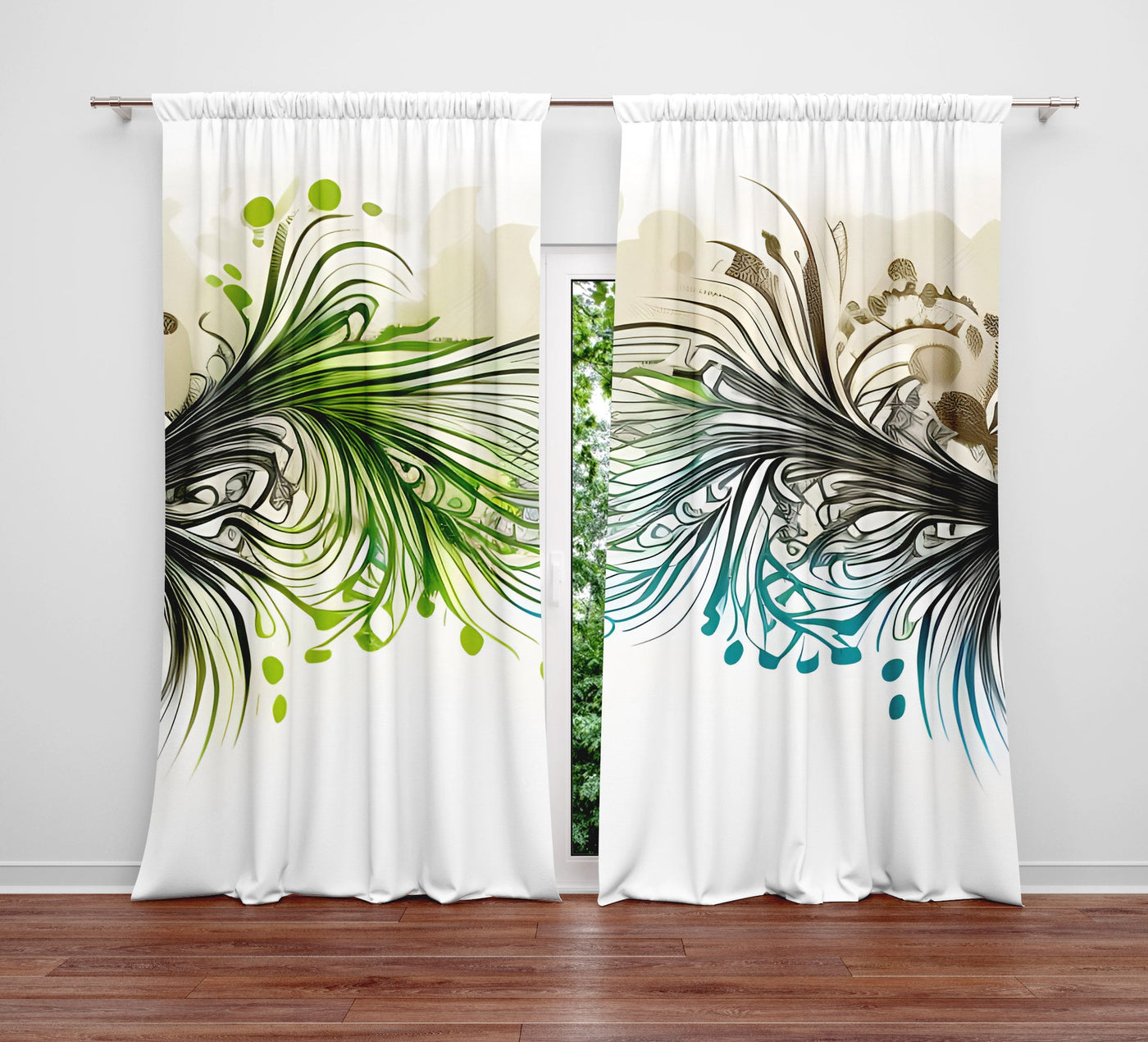 Abstract Window Curtain - Blue and Green Watercolor Peacock Feathers - Deja Blue Studios