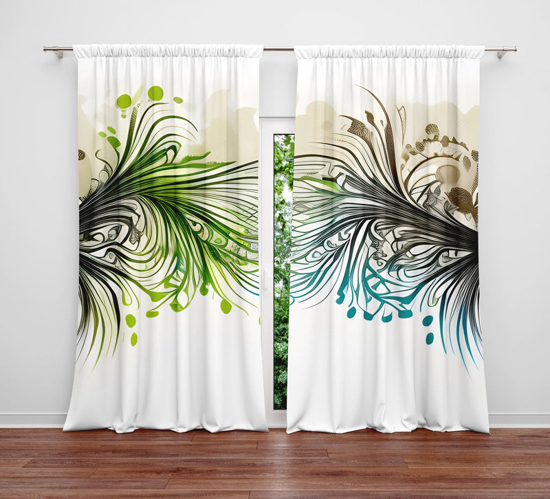 Abstract Window Curtain - Blue and Green Watercolor Peacock Feathers - Deja Blue Studios