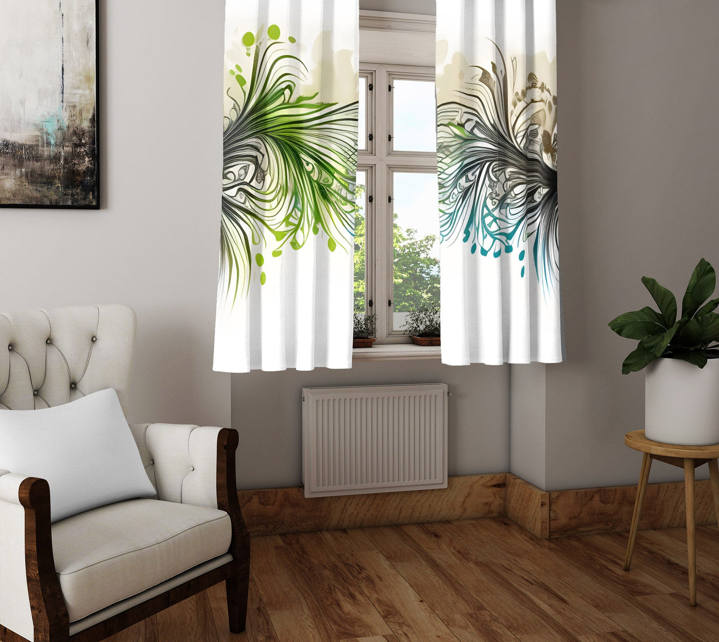 Abstract Window Curtain - Blue and Green Watercolor Peacock Feathers - Deja Blue Studios