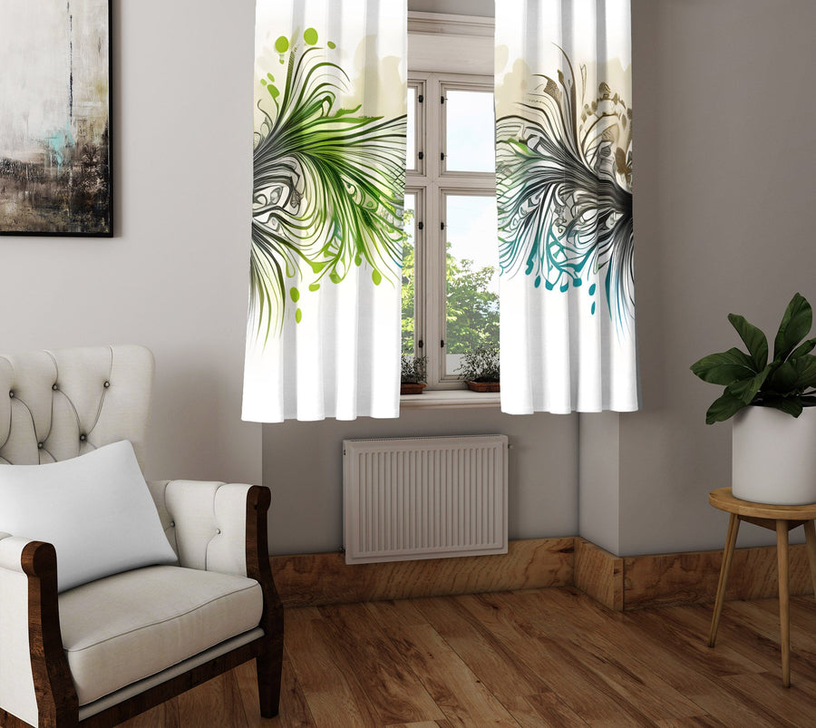 Abstract Window Curtain - Blue and Green Watercolor Peacock Feathers - Deja Blue Studios