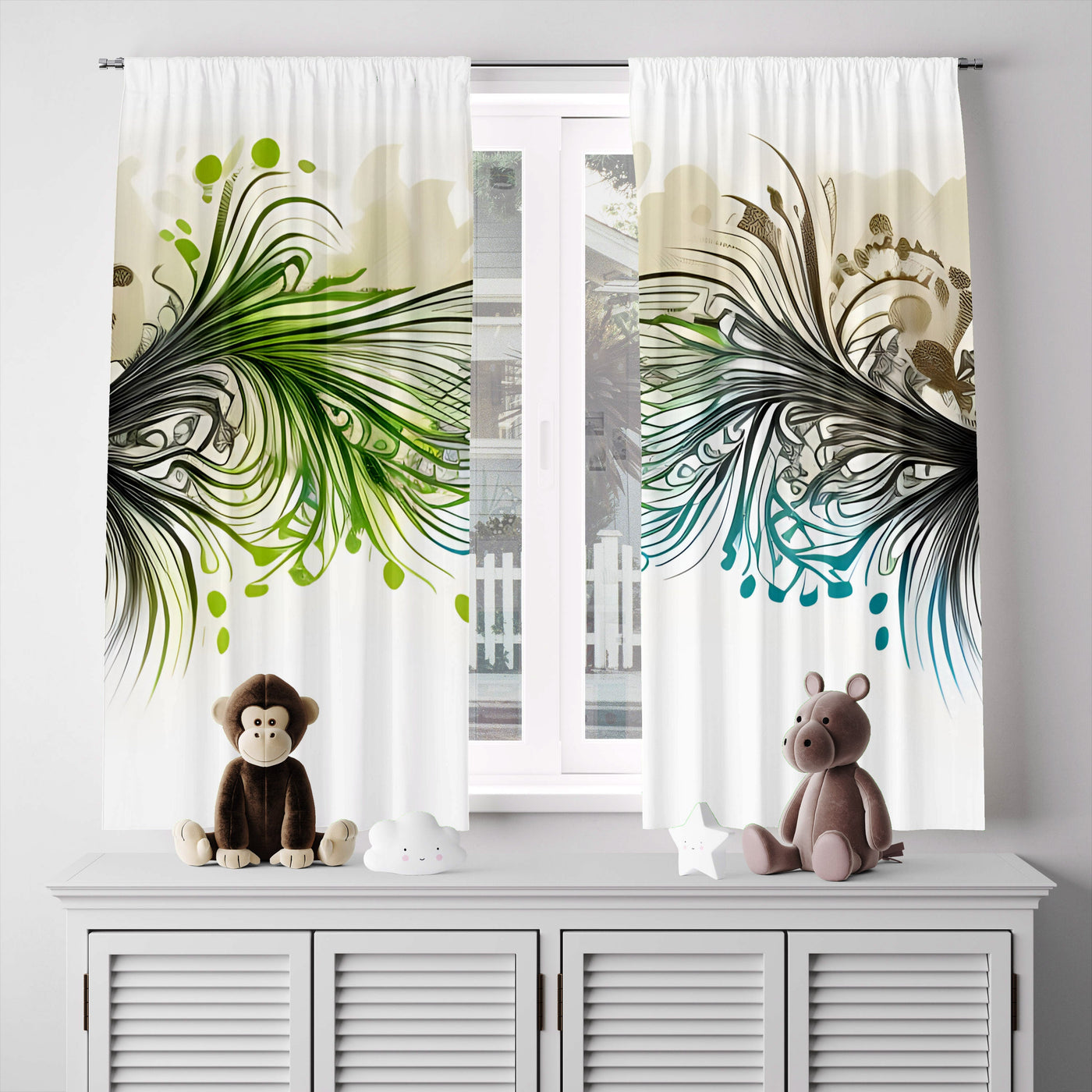 Abstract Window Curtain - Blue and Green Watercolor Peacock Feathers - Deja Blue Studios