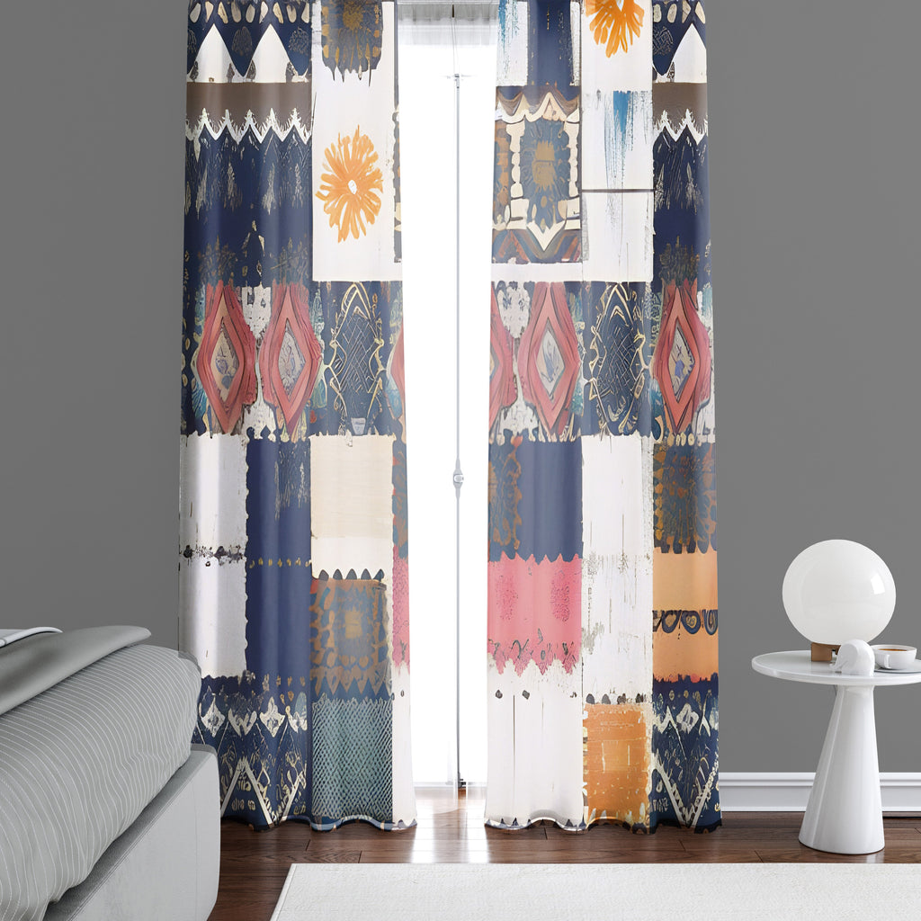 Abstract Window Curtain - Blue, Yellow, and Red Floral Quilt - Deja Blue Studios