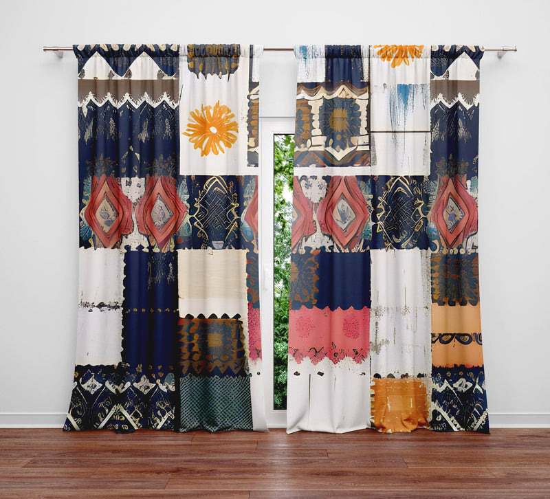 Abstract Window Curtain - Blue, Yellow, and Red Floral Quilt - Deja Blue Studios