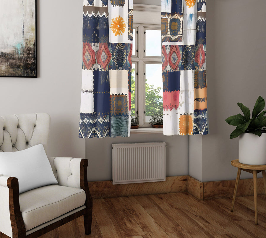 Abstract Window Curtain - Blue, Yellow, and Red Floral Quilt - Deja Blue Studios