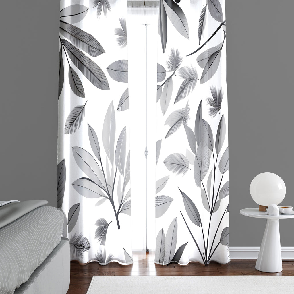 Floral Window Curtain - Grayscale Leaf Bunches - Deja Blue Studios