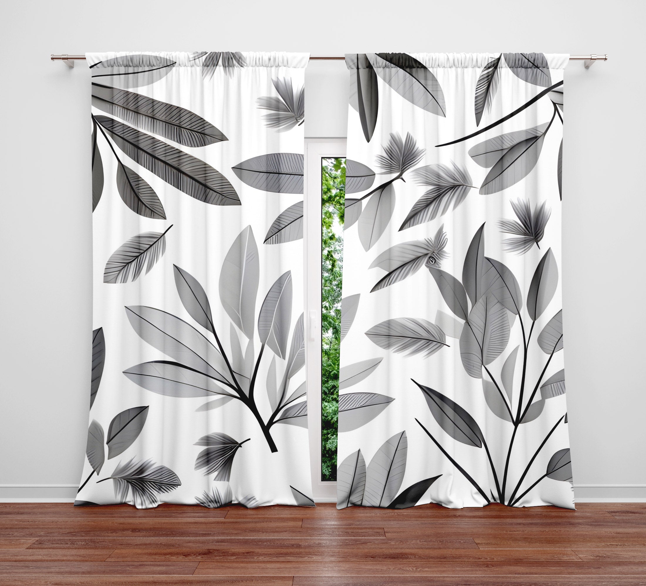 Floral Window Curtain - Grayscale Leaf Bunches | Deja Blue Studios