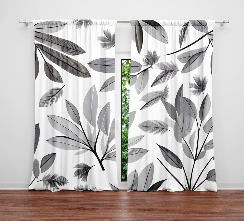 Floral Window Curtain - Grayscale Leaf Bunches - Deja Blue Studios