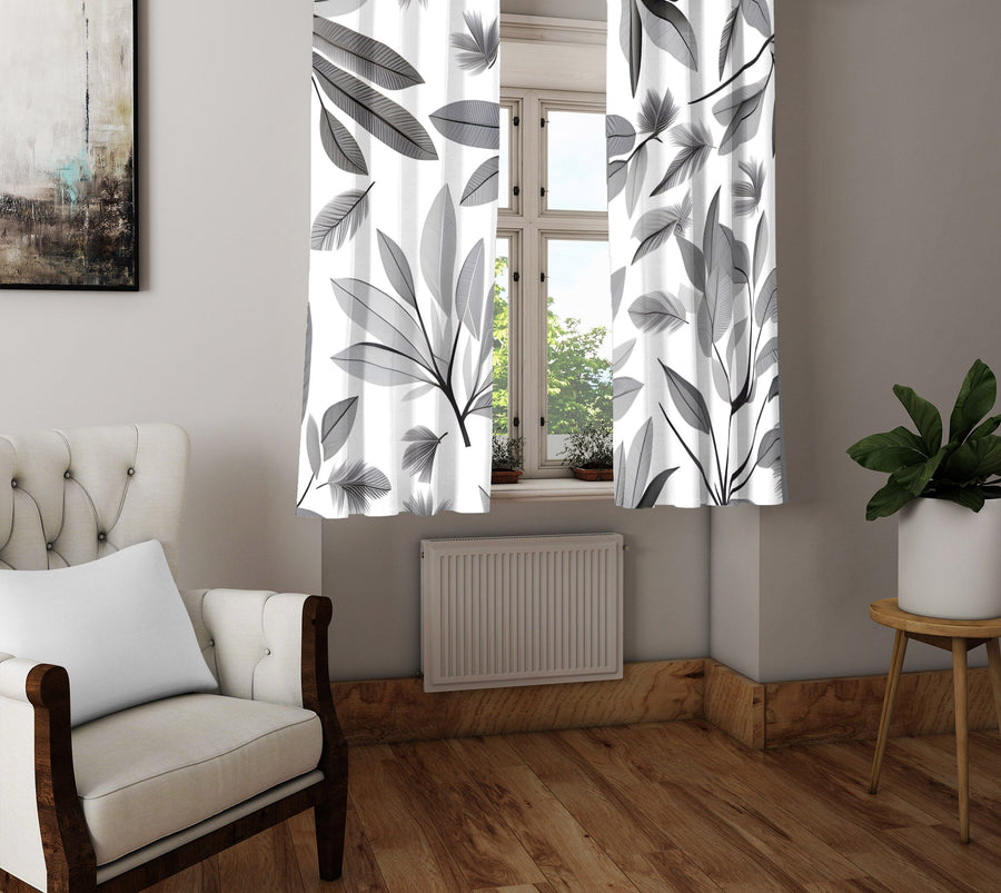 Floral Window Curtain - Grayscale Leaf Bunches - Deja Blue Studios
