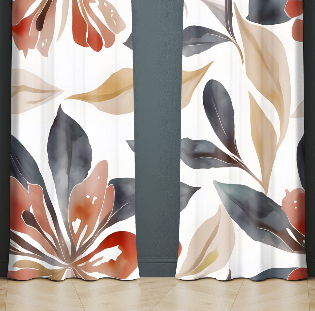 Floral Window Curtain - Orange and Gray Watercolor Leaves - Deja Blue Studios
