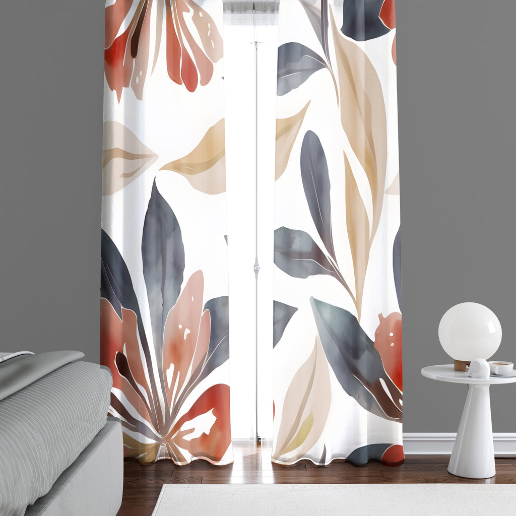 Floral Window Curtain - Orange and Gray Watercolor Leaves - Deja Blue Studios