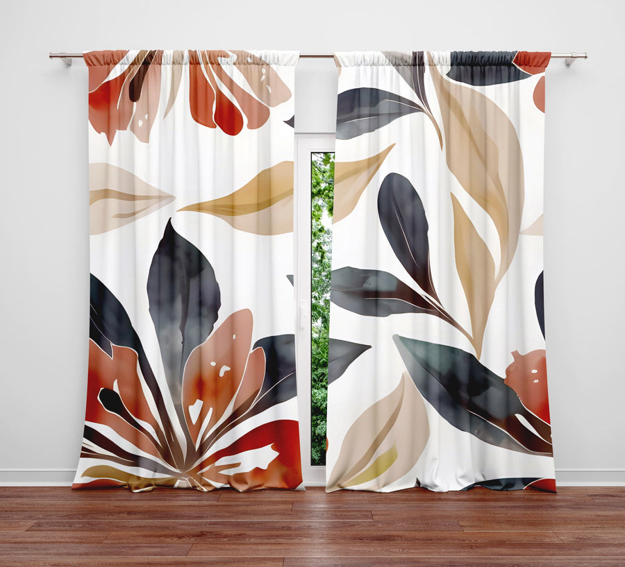 Floral Window Curtain - Orange and Gray Watercolor Leaves - Deja Blue Studios