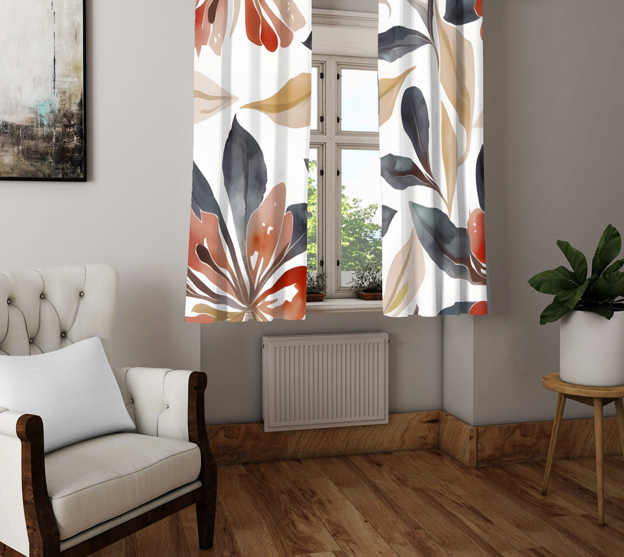 Floral Window Curtain - Orange and Gray Watercolor Leaves - Deja Blue Studios