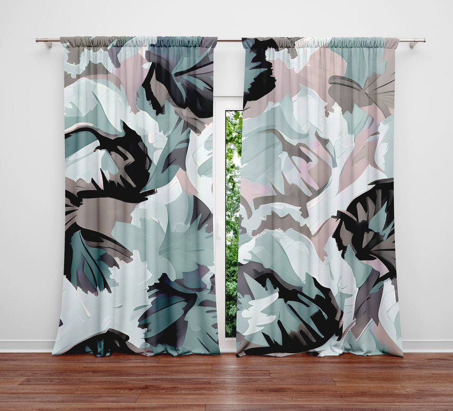 Abstract Window Curtain - Blue and Gray Watercolor Leaves - Deja Blue Studios